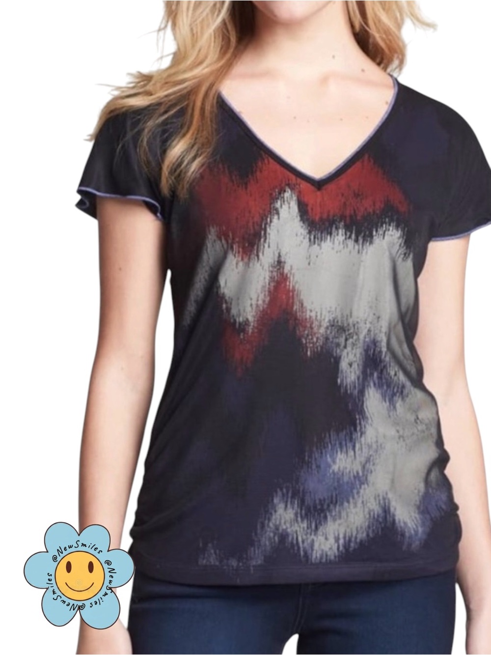 Edista ~ Short Sleeve ~ V-Neck Tee Navy with Red & Gray ~ Abstract Print